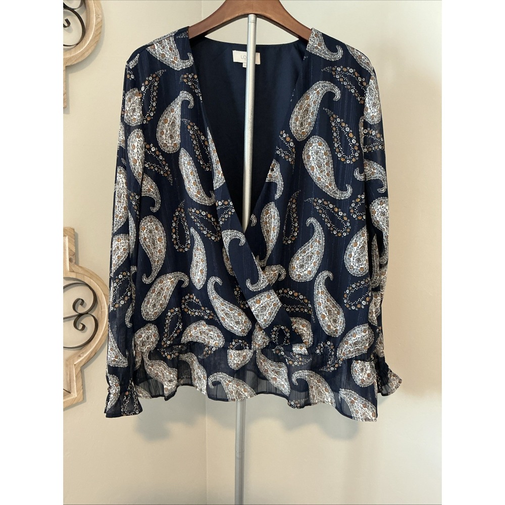 LOFT Outlet Women's Blue Paisley Sheer Long Sleeve Faux Wrap Top Sz XL‎